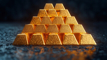 Gold bars stacked in a pyramid represent system, wealth and investment.
