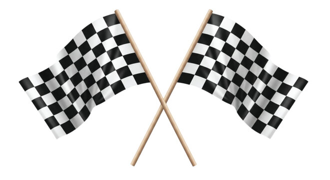 Two crossed checkered flags with black and white squares, symbolizing the finish line in racing. The design conveys movement and excitement.