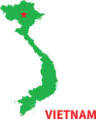 Fototapeta premium Vietnam Map Vector Illustration Featuring Green Country Silhouette with Capital Marker, Geographic Shape, and National Location Design