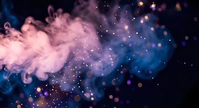 Abstract cosmic nebula with swirling pink and blue smoke clouds against dark starry space background for digital art and fantasy designs.