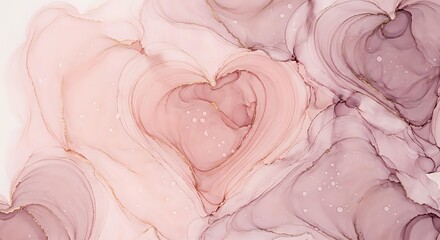 Fototapeta premium Abstract pink and rose gold fluid art with heart-shaped swirls and marble texture for romantic designs and Valentine's Day projects.