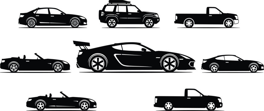 Car Silhouette Vector Set, Sedan, SUV with Roof Rack, Pickup Truck, Convertible, Sports Car with Spoiler, Coupe, Transportation Side View,