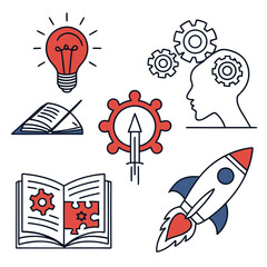 Fototapeta premium Six of learning innovation with gears and rocket lightbulb