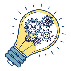 Obraz premium Yellow lightbulb with blue gears and rays on white background