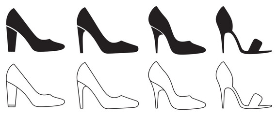 High heel shoes icon set, women&rsquo;s fashion footwear, multiple styles, outlined vector illustrations, elegant shoe designs, minimalistic line art collection
