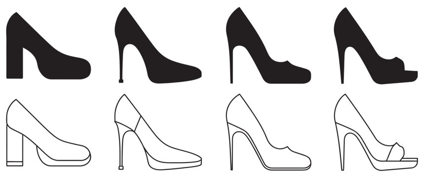 Women&rsquo;s high heel shoes icons, various styles, outline vector set, fashion footwear, elegant shoes, minimal line art illustration, shoe collection design