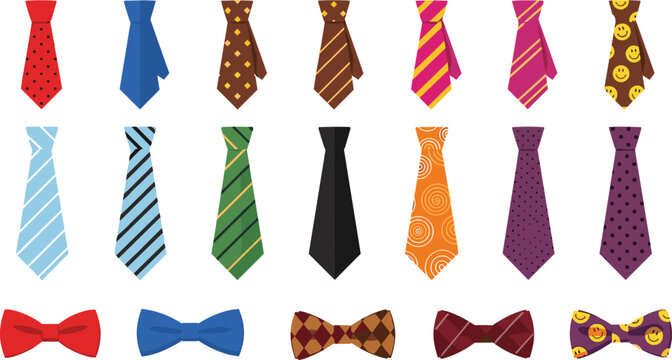 Men Necktie and Bow Tie Vector Set Featuring Formal, Casual, Patterned Ties and Stylish Accessories for Business and Fashion Designs
