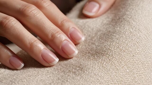 Close-up of a female hand gently touching natural woven fabric. Feeling the soft texture of beige material. Comfort and quality concept