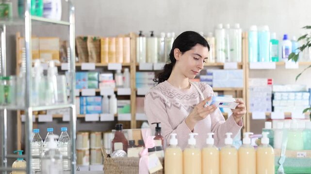 Girl in autumn clothes buys medicinal ointment or gel at a pharmacy. High quality 4k footage