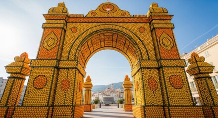 Colorful Arch Gate Covered in Citrus Orbs in Bright Sunlight
