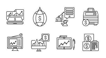 Fototapeta premium Icons representing various aspects of business and finance. Vector