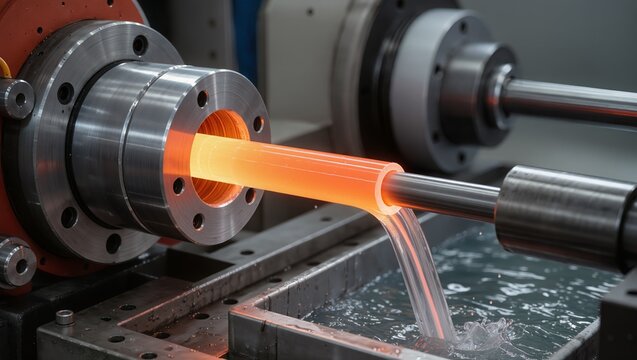 Metalworking process with glowing cylindrical pipe held in precision metal chucks, showing induction heating, thermal treatment, and coolant flow for temperature control