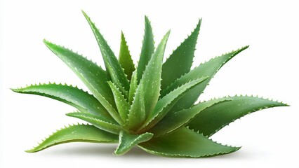 Fototapeta premium Close-up of a vibrant green Aloe Vera plant with thick, fleshy leaves, isolated on a clean white background. Healthy succulent, herbal remedy, natural beauty.
