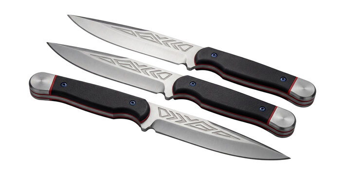 Set of three stainless steel throwing knives with laser-etched tribal designs.