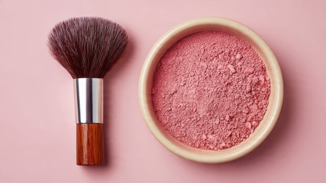 Overhead shot of a makeup brush next to a bowl of pink powder on a pink background