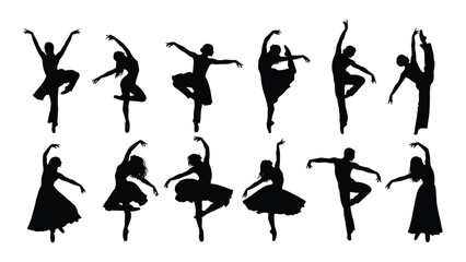 Graceful silhouettes of ballerinas captured in various dance poses isolated on white background, Vector © SILHUETTECHEMBER