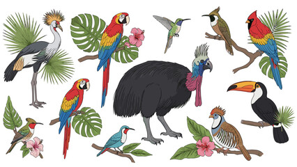 Obraz premium Diverse collection of colorful tropical birds including parrots, toucans, hummingbirds, a cassowary, and a crown crane on branches.