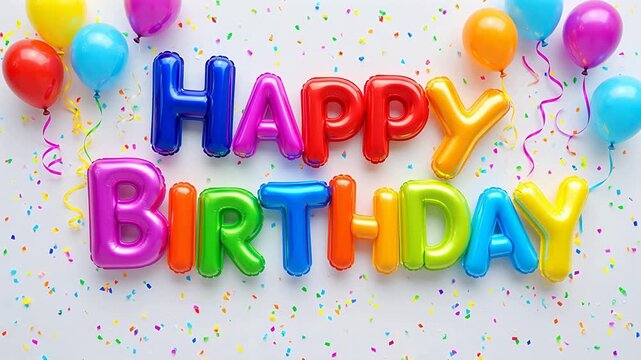 Colorful birthday balloon letters with confetti