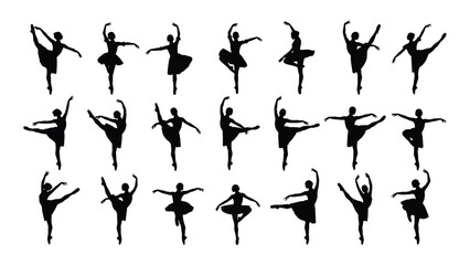 Graceful ballerinas in various poses captured in a black and white silhouette isolated on white background, Vector © SILHUETTECHEMBER