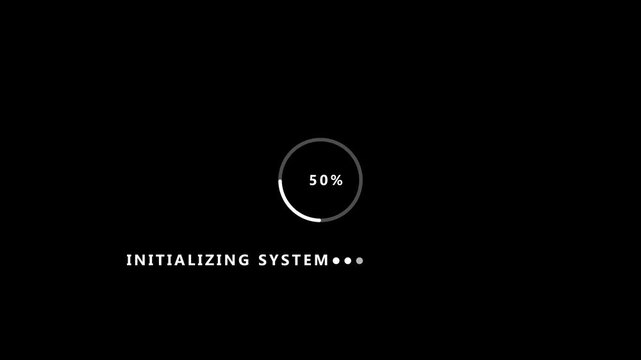Black background with circular progress bar showing 100% percent and text initializing system loading circle