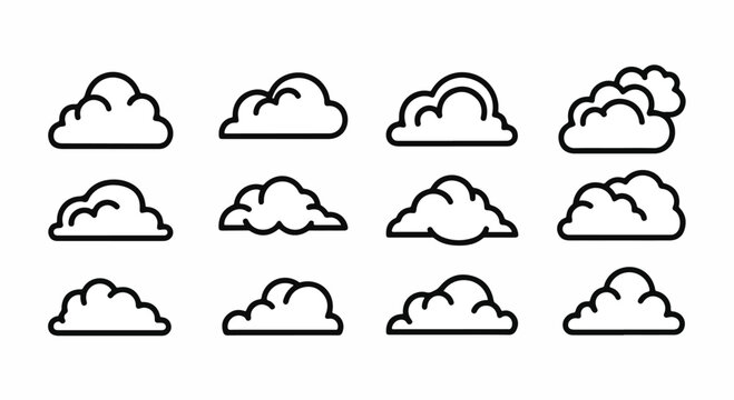 A collection of twelve different cloud formations in a simple line drawing style Vector