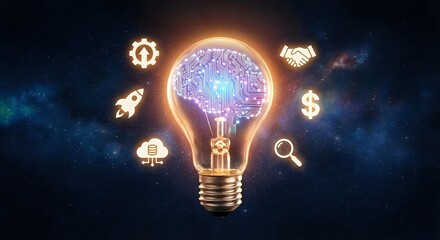 Glowing lightbulb with brain inside surrounded by business icons on dark cosmic background. Innovation and creative thinking concept for entrepreneurship.
