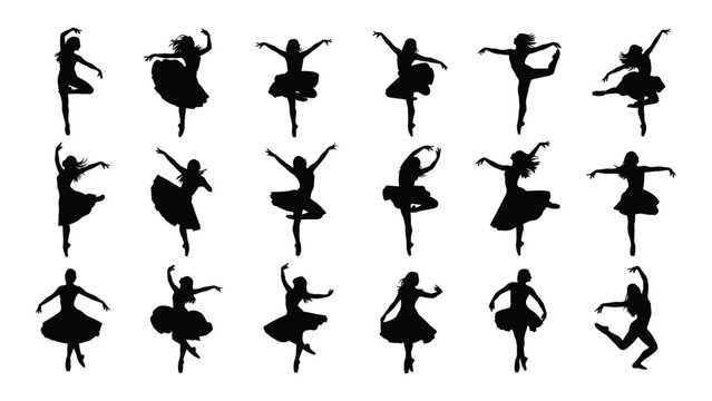 Graceful ballerinas performing various dance poses in silhouette isolated on white background, Vector