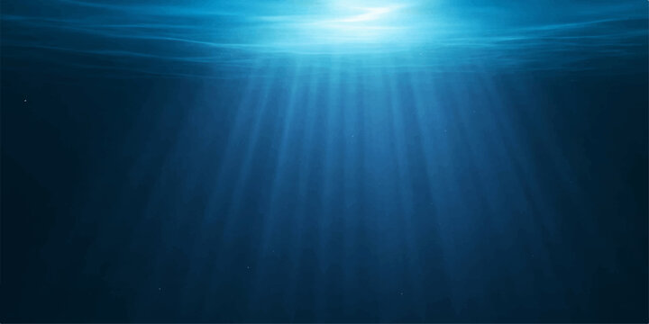 A deep blue ocean underwater world loop background featuring a nature illustration with bright sun rays and light beams that shine through the water in a motion burst of diving sunlight