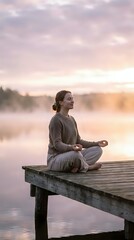 Young Caucasian woman practicing meditation in lotus pose on wooden dock at sunrise over calm lake with soft pink and purple sky creating peaceful atmosphere.