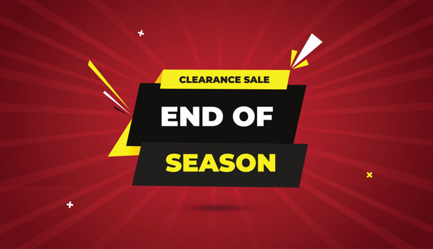 clearance sale end season web banner vector art template design badge icon label black gray yellow shapes white bold text dark red light sun shine abstract business background graphic modern promo dis