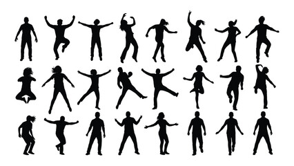 Fototapeta premium A collection of diverse silhouettes of people dancing in various styles and poses isolated on white background, Vector