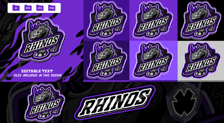 Powerful modern rhino sports e-sports mascot logo design vector. Rhinoceros icon in shield emblem, editable concept. Ideal for athletic teams, brands, branding, apparel design projects. © Graphic Design