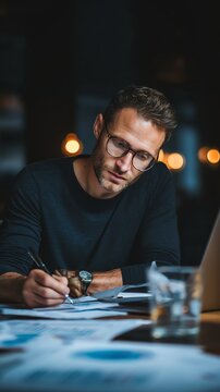An entrepreneur analyzes a business plan at their home office, embodying the spirit of startup growth and innovation.