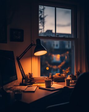 A cozy evening home office scene with a warm desk lamp, ideal for focused late night productivity and work efficiency.