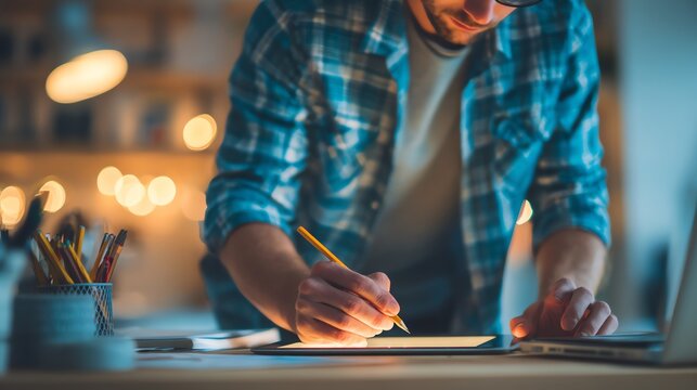 A creative designer focused on their tablet in a home studio, embodying the freelance graphic design lifestyle and artistic inspiration.