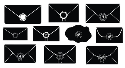 A Collection of Elegant Black Envelopes Sealed with Wax Emblems and Monograms
