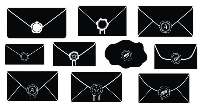 A Collection of Elegant Black Envelopes Sealed with Wax Emblems and Monograms