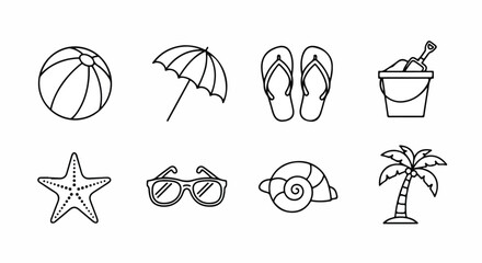 A delightful illustration of various beach and summer items in a simple line drawing style Vector © rohan