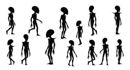 Obraz premium Array of Alien Silhouettes Demonstrating Various Poses and Movements for Animation and Design