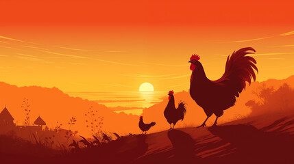 Illustration of roosters against the backdrop of a setting or rising sun.