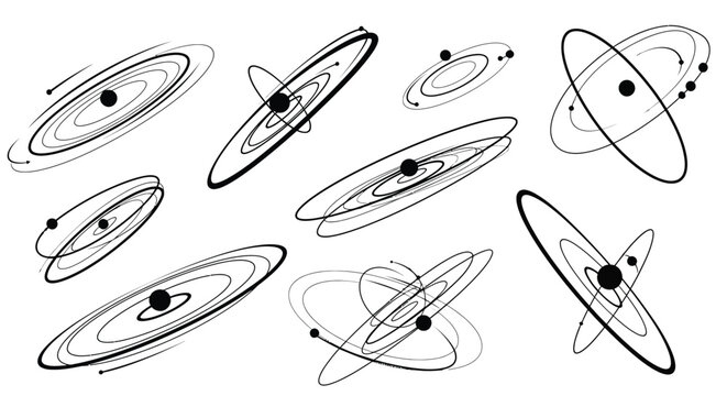 Abstract representations of celestial bodies and planetary orbits in a dynamic cosmic dance