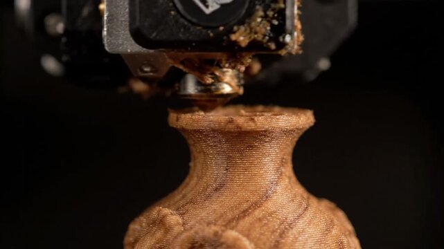 Detailed time-lapse of a 3D printer nozzle extruding wood-like filament to construct an ornate object, highlighting the precise, layer-by-layer additive manufacturing process.
