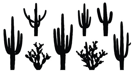 Fototapeta premium collection of diverse desert cactus silhouettes against a pure white background for graphic design