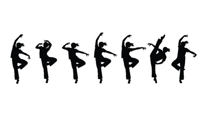 Silhouettes of dancers performing in a line with dynamic poses isolated on white background, Vector