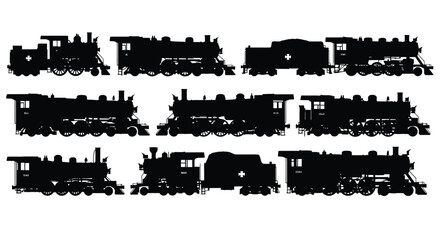 Obraz premium Collection of Diverse Steam Locomotive Silhouettes on White Background