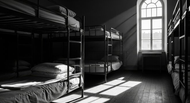 Empty dormitory room with bunk beds and dramatic window light