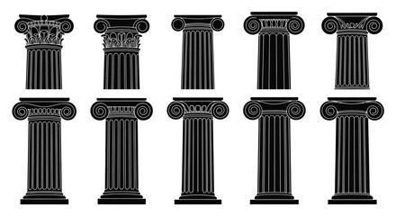 Collection of Stylized Black Ionic and Corinthian Architectural Columns on White Background