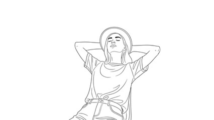 Obraz premium Simple line art drawing of a relaxed young woman in a hat leaning back with her hands behind her head on a plain white background.