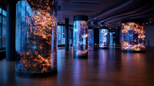 Modern museum exhibition hall with illuminated cylindrical displays featuring organic coral-like installations in blue and orange lighting creating immersive art experience.