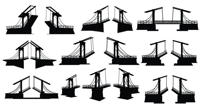 Collection of various silhouetted bascule bridges in different orientations and positions